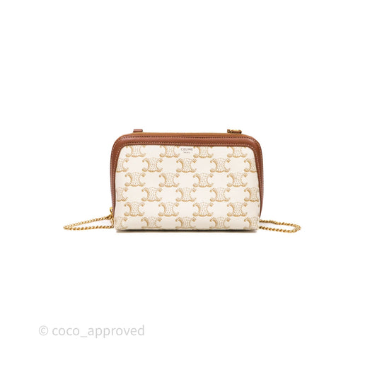 Celine Clutch With Chain Triomphe Canvas Lambskin White/Tan