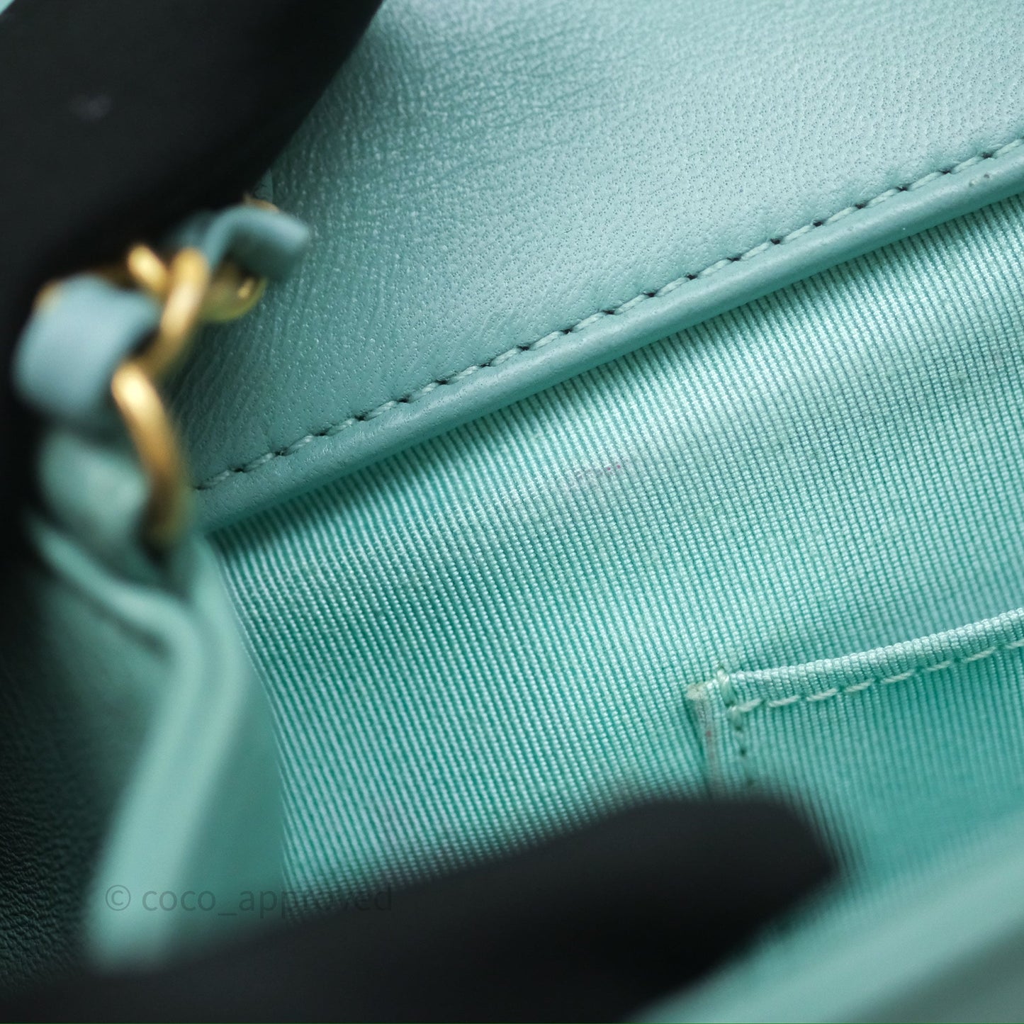 Chanel Quilted Small Circular Handle Bag Mint Green Aged Gold Hardware