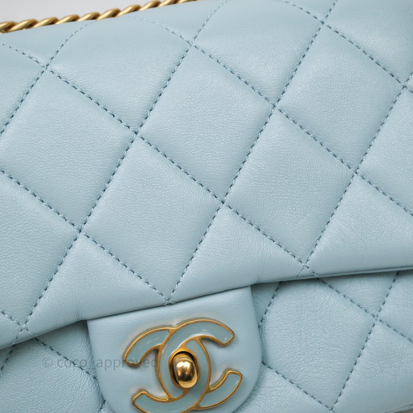 Chanel Quilted Enamel Pending CC Small Square Flap Baby Blue Lambskin