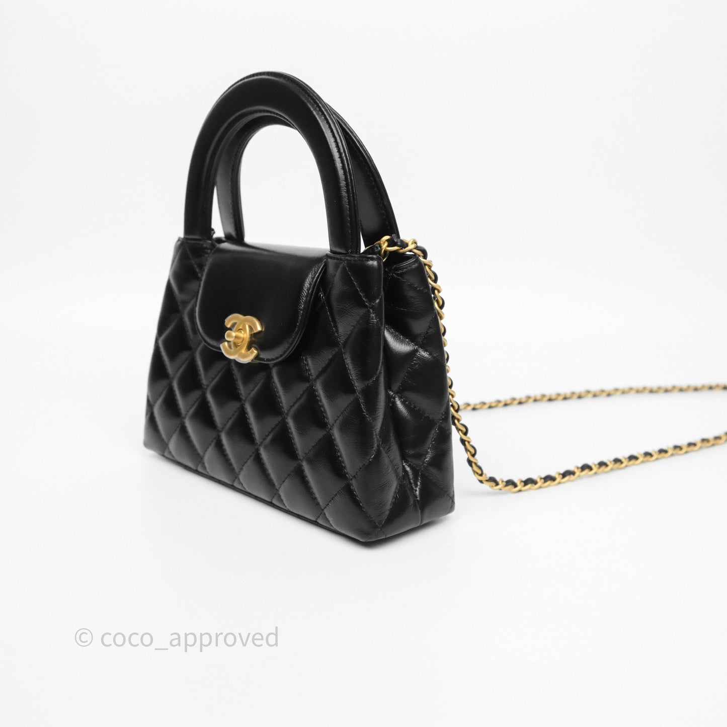 Chanel Kelly Bag Quilted Black Shiny Crumpled Calfskin Aged Gold Hardware