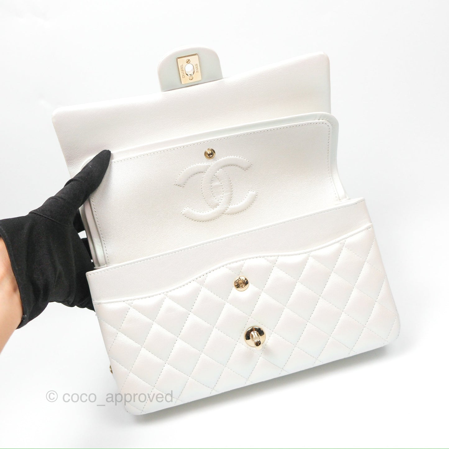 Chanel Classic M/L Medium Double Flap Iridescent White Calfskin Gold Hardware
