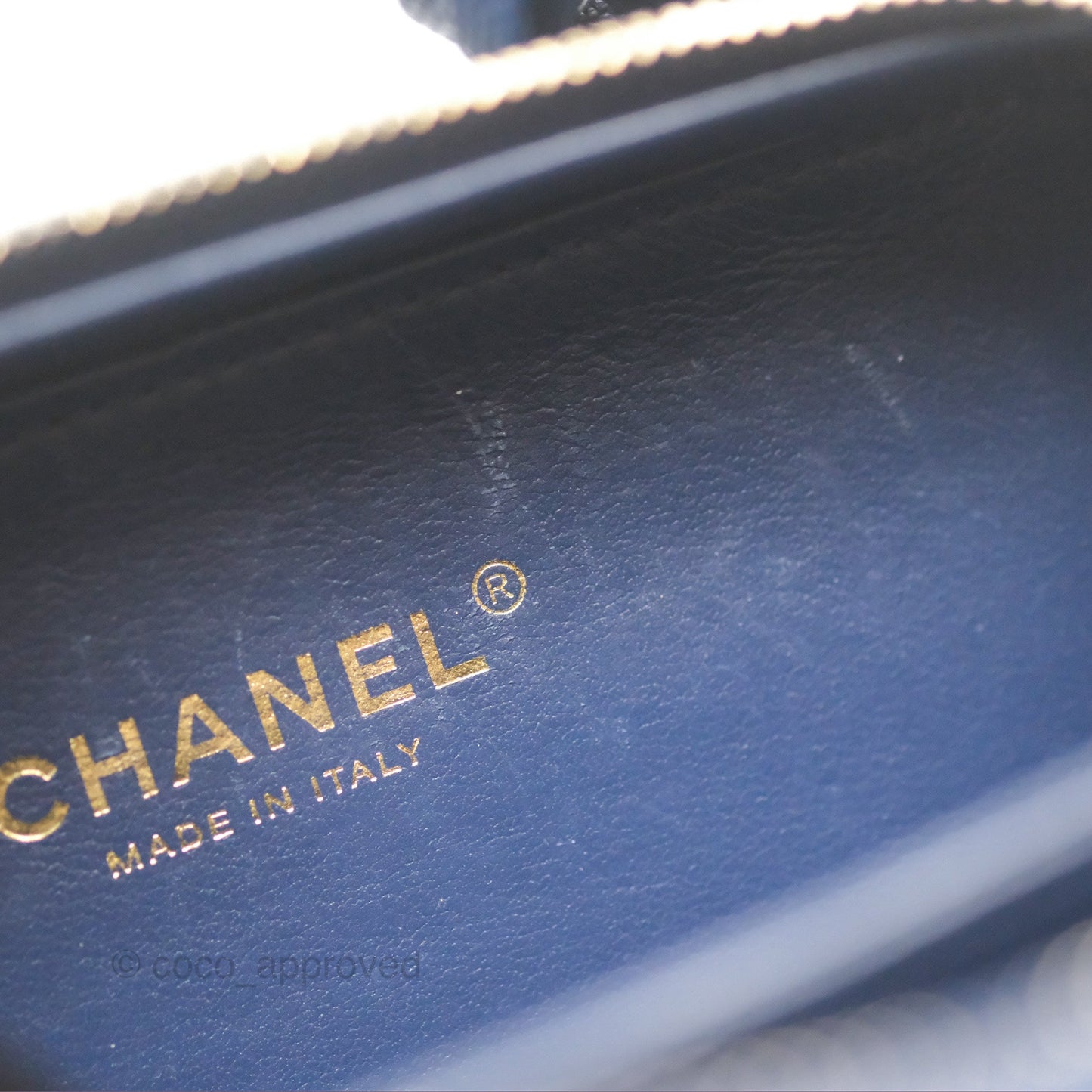 Chanel Quilted Small CC Filigree Vanity Case Navy Caviar Gold Hardware