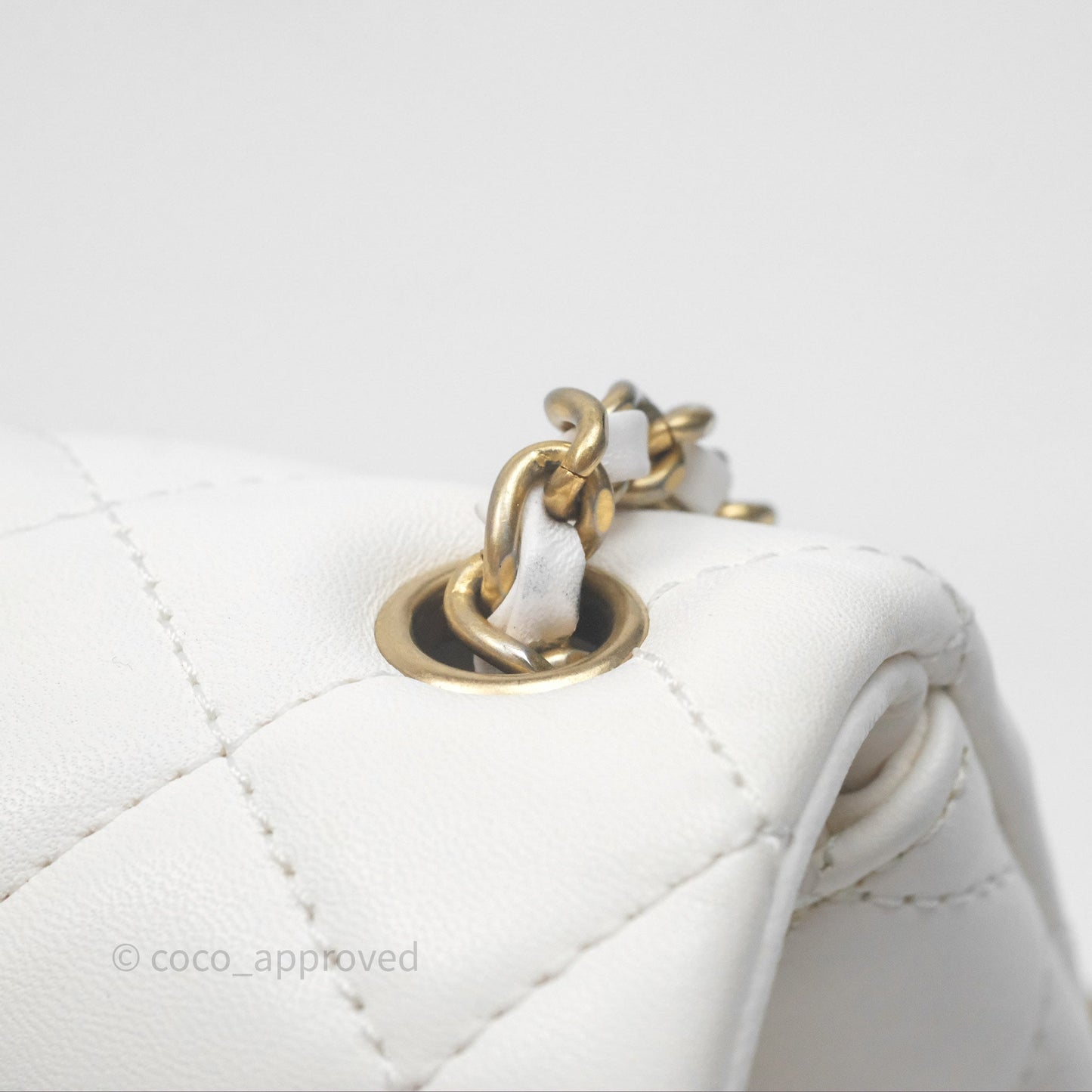 Chanel Mini Rectangular Pearl Crush Quilted White Lambskin Aged Gold Hardware