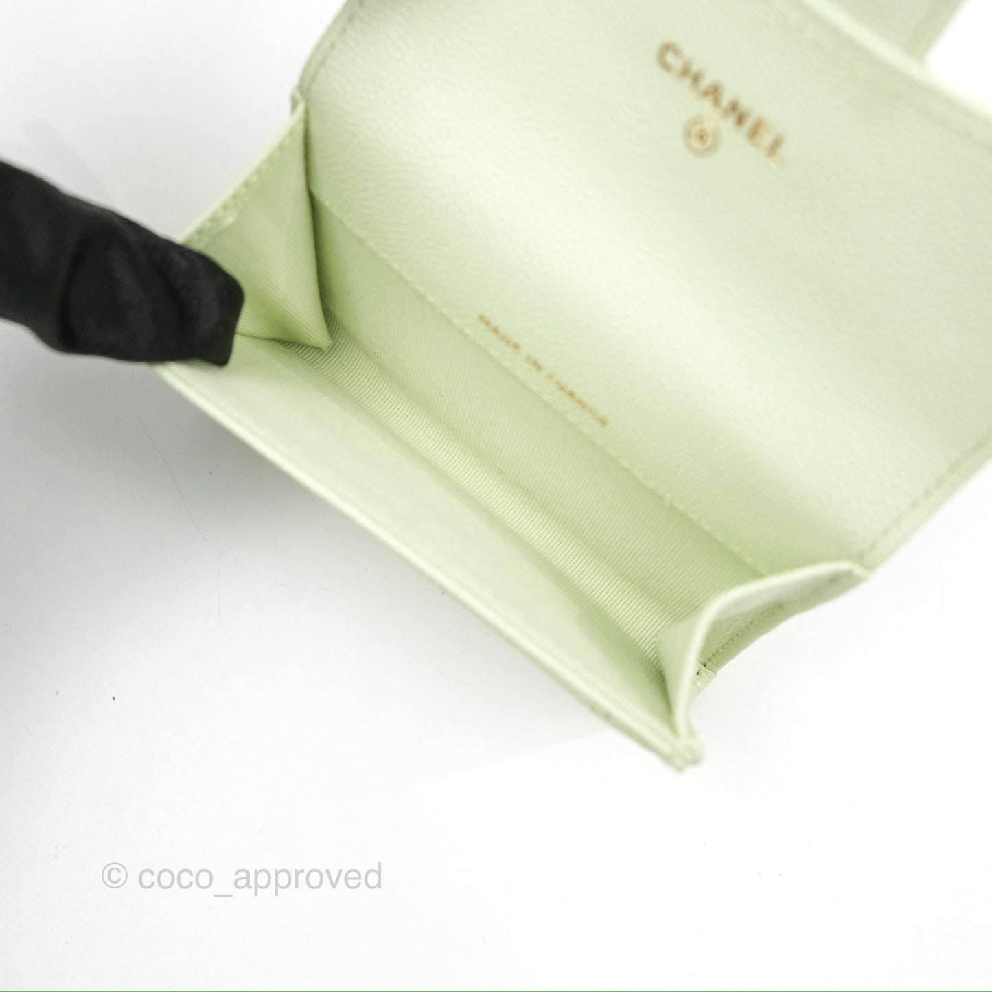 Chanel Quilted Flap Card Holder Light Green Caviar Gold Hardware