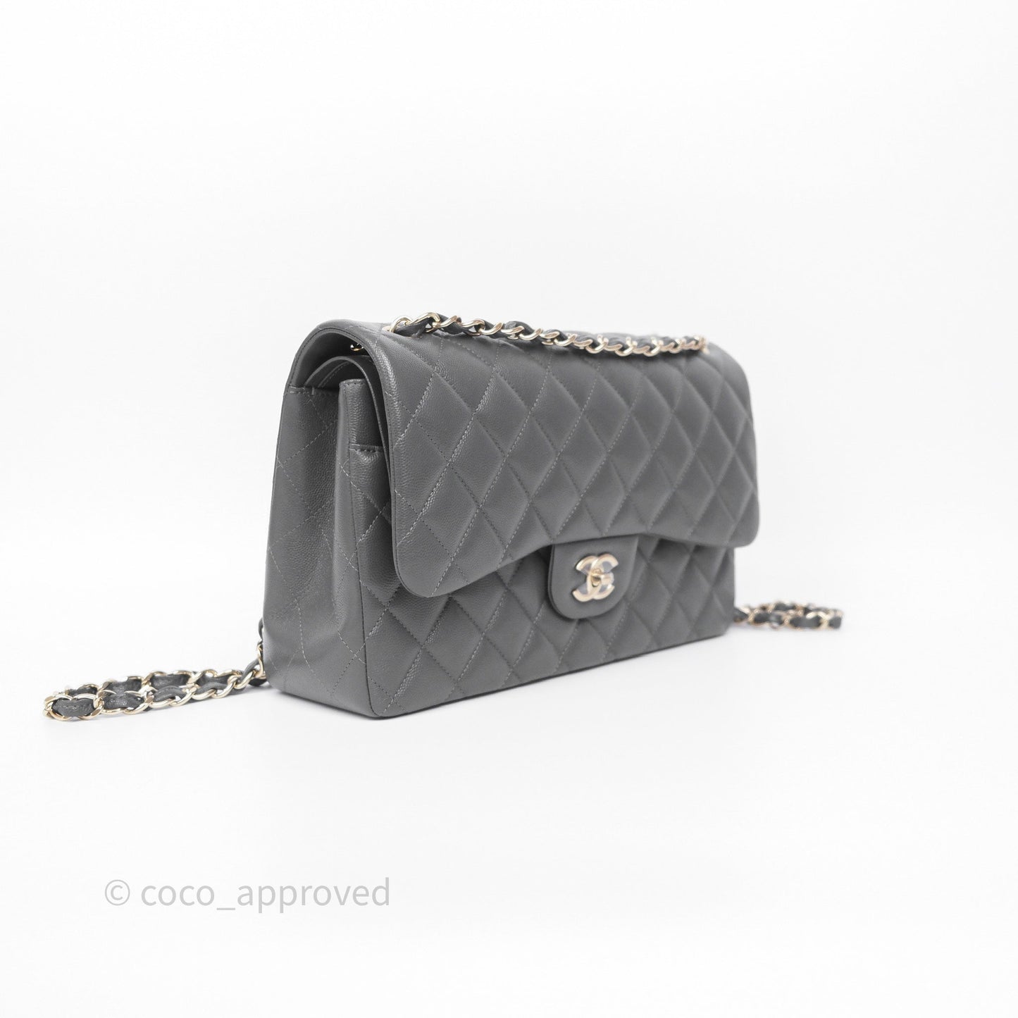 Chanel Jumbo Classic Double Flap Quilted Dark Grey Caviar Gold Hardware⁣⁣