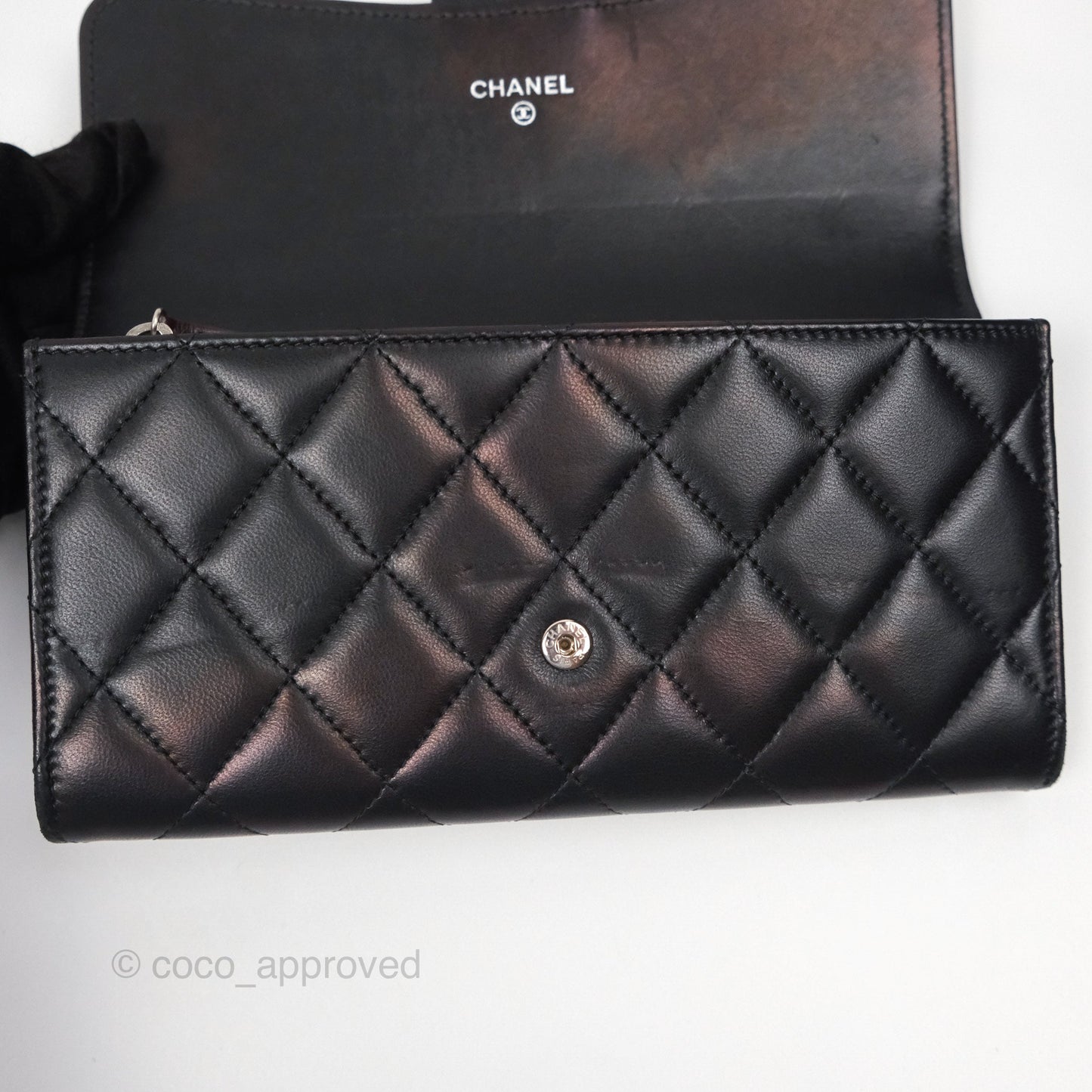 Chanel Quilted Classic Zip Long Wallet Black Lambskin Silver Hardware
