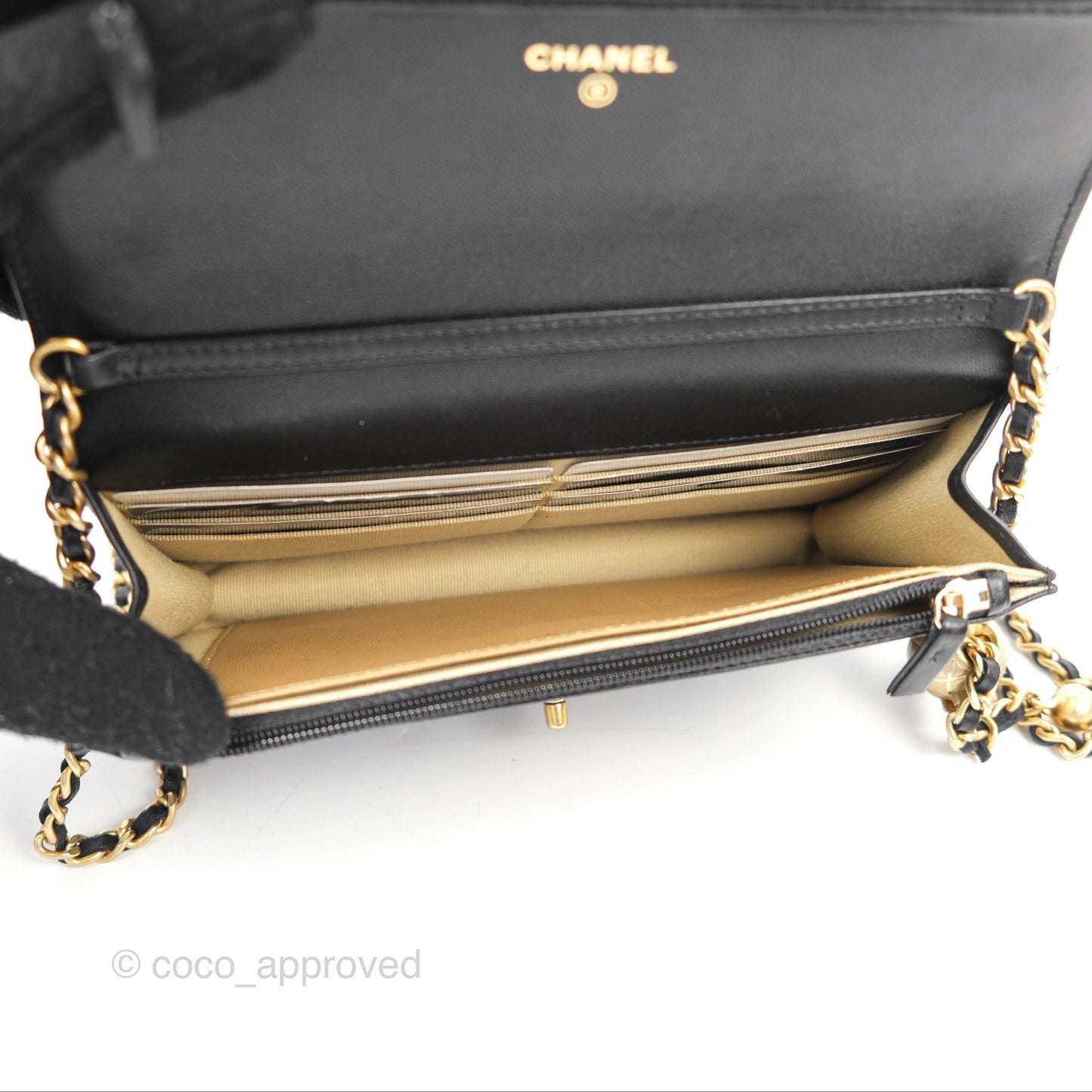 Chanel Quilted Pearl Crush Wallet on Chain WOC Black Lambskin Aged Gold Hardware