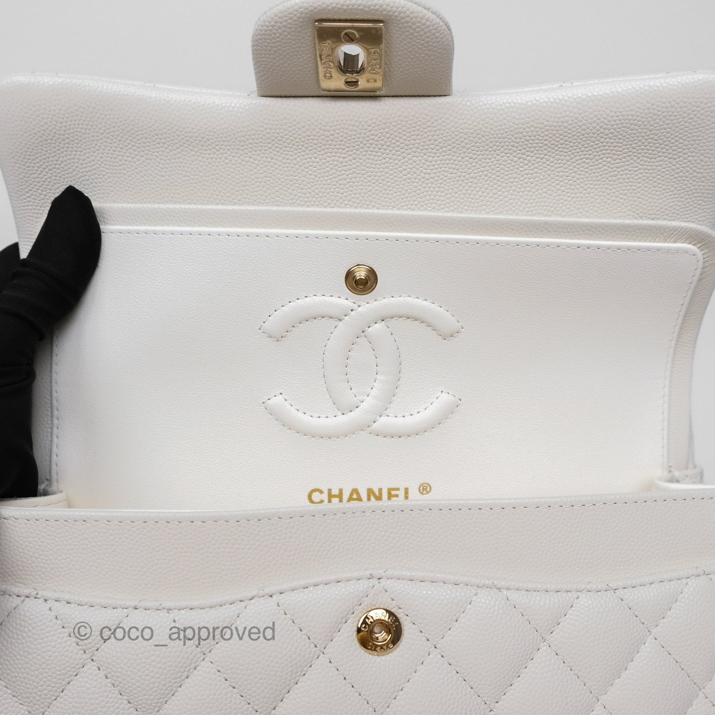 Chanel Small Classic Flap Quilted Ivory White Caviar Gold Hardware