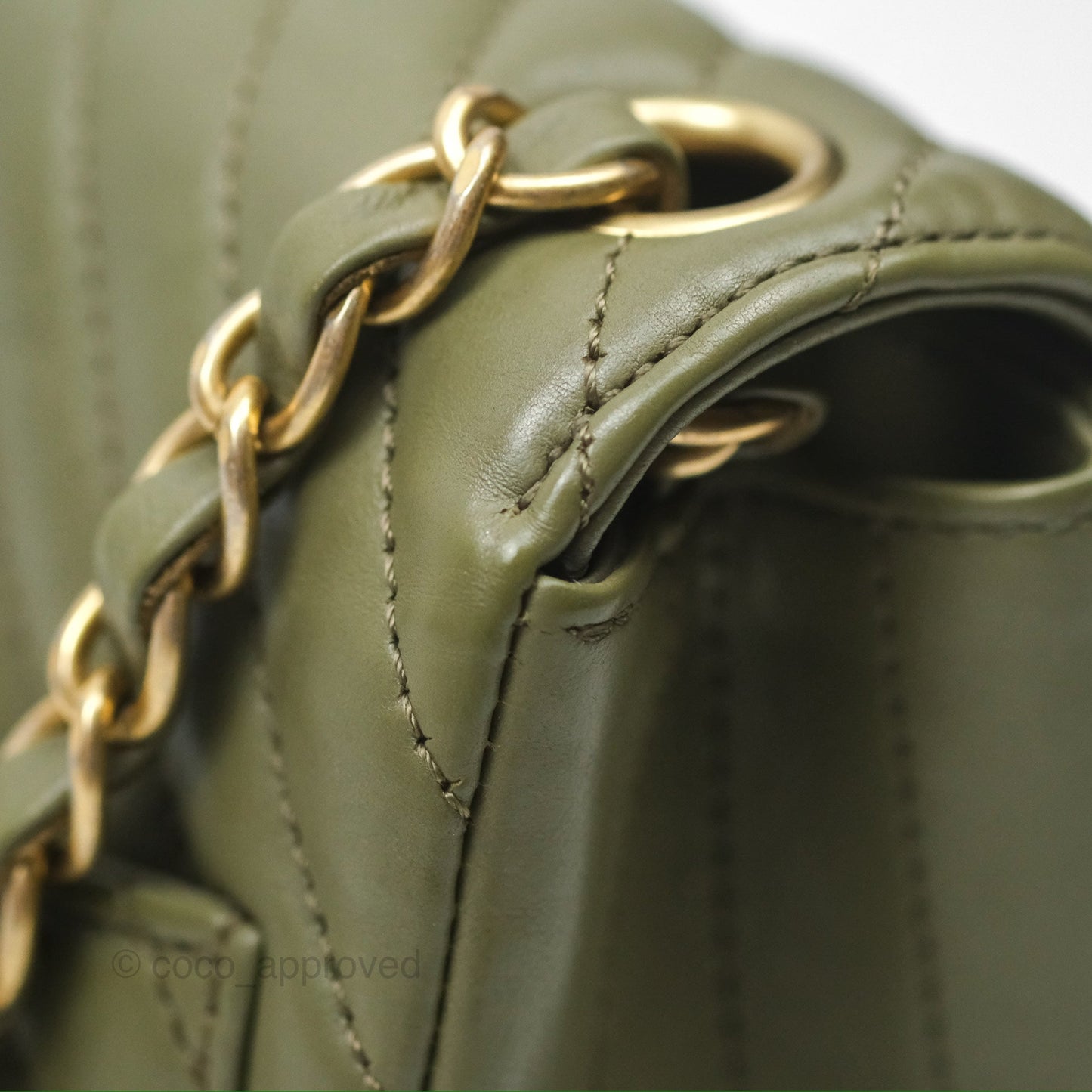 Chanel Mini Square Flap Chevron Olive Green Calfskin Gold Hardware