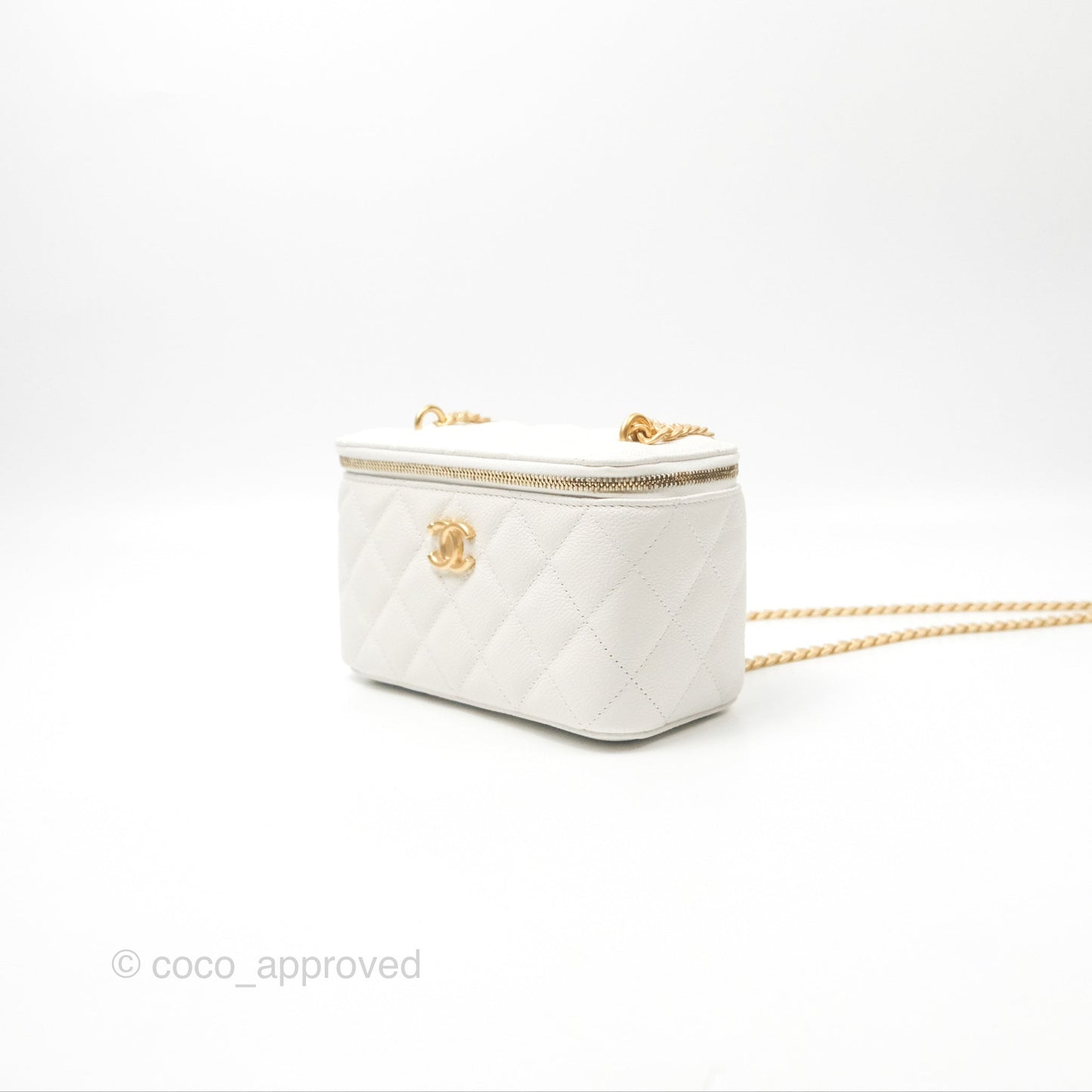 Chanel Vanity with Heart Adjustable Chain White Caviar Aged Gold Hardware