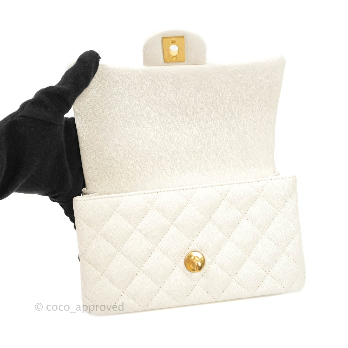 Chanel Top Handle Mini Rectangular Flap Bag White Caviar Aged Gold Hardware