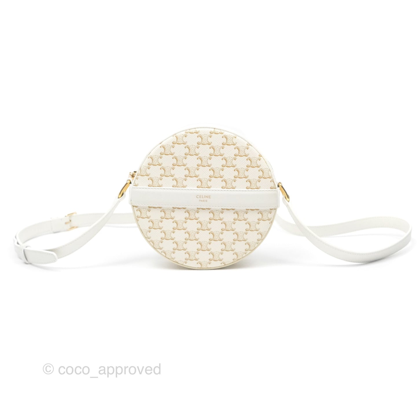 Celine Round Purse on Strap Triomphe Canvas White Calfskin