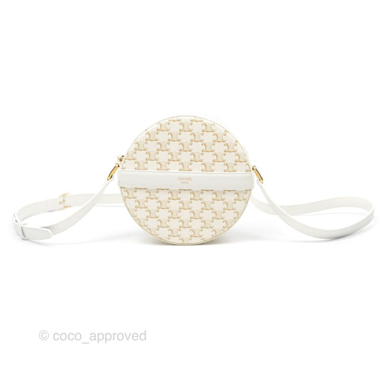 Celine Round Purse on Strap Triomphe Canvas White Calfskin