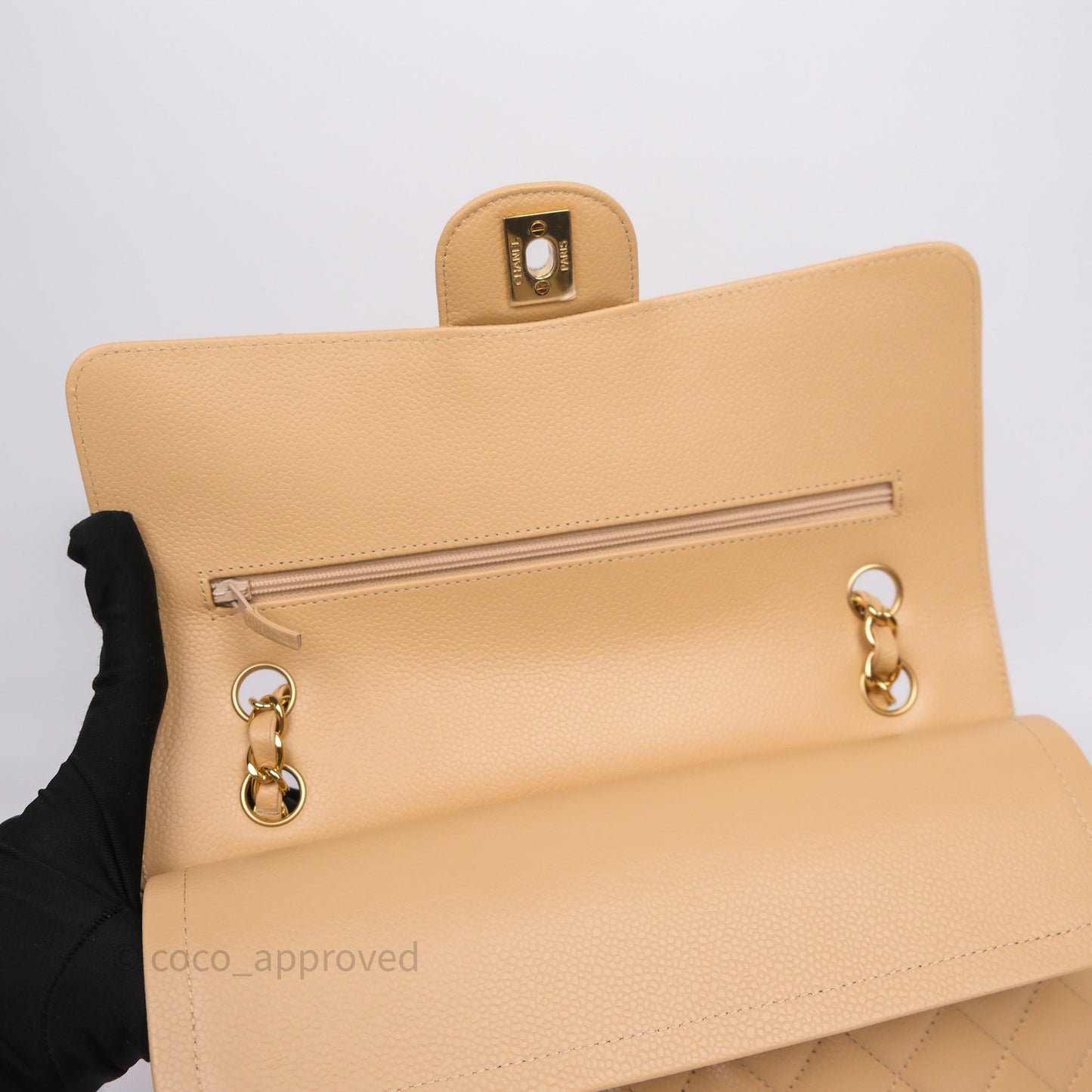Chanel Classic M/L Medium Flap Quilted Beige Caviar Gold Hardware