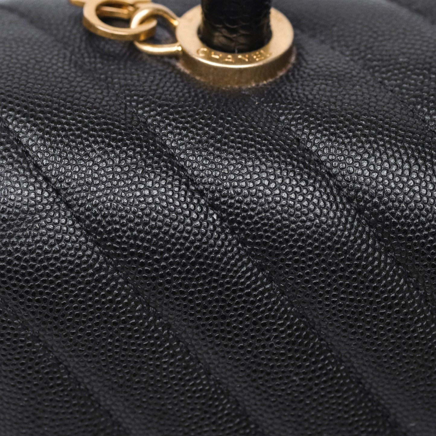 Chanel Small Coco Handle Chevron Black Caviar Aged Gold Hardware Lizard Handle