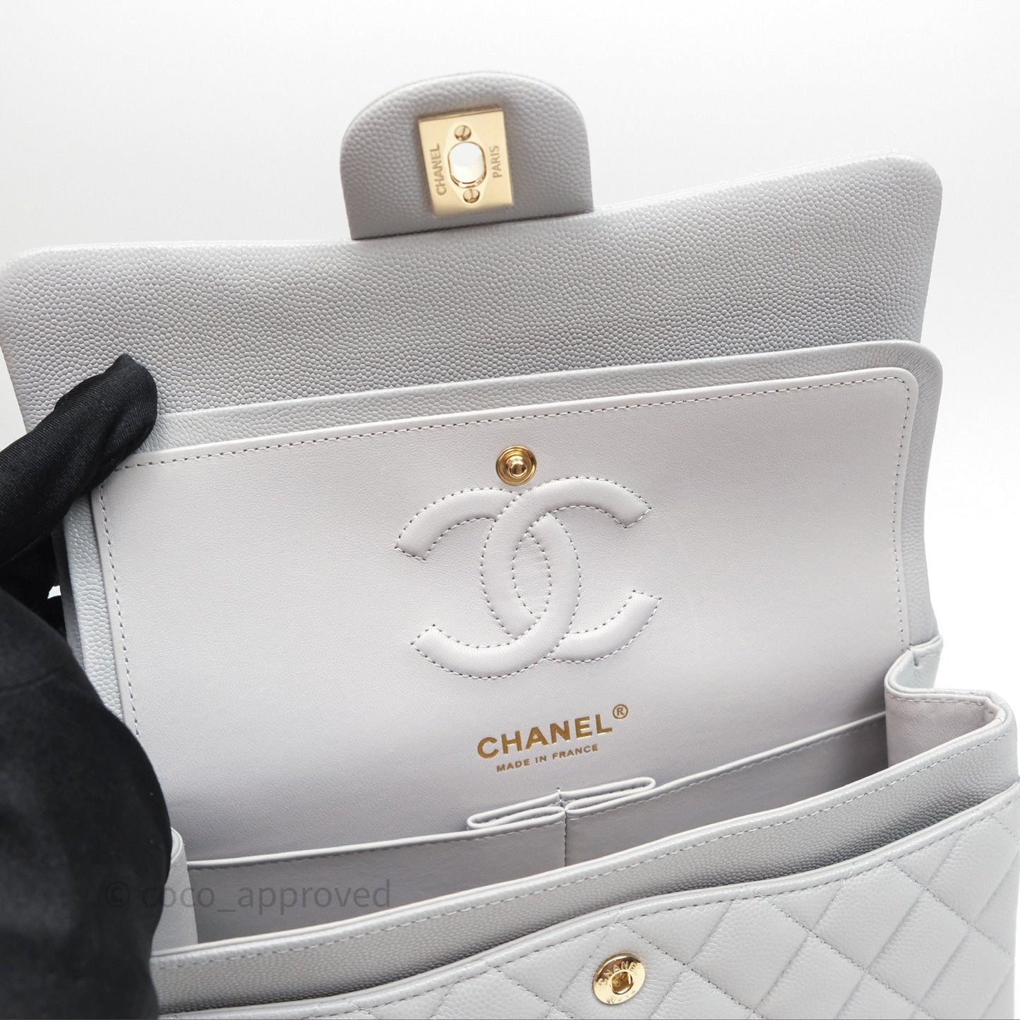Chanel Small Classic Flap Quilted Grey Caviar Gold Hardware 21A