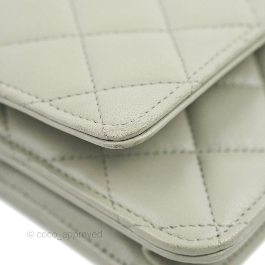 Chanel Quilted Classic Wallet on Chain WOC Light Grey Lambskin Gold Hardware