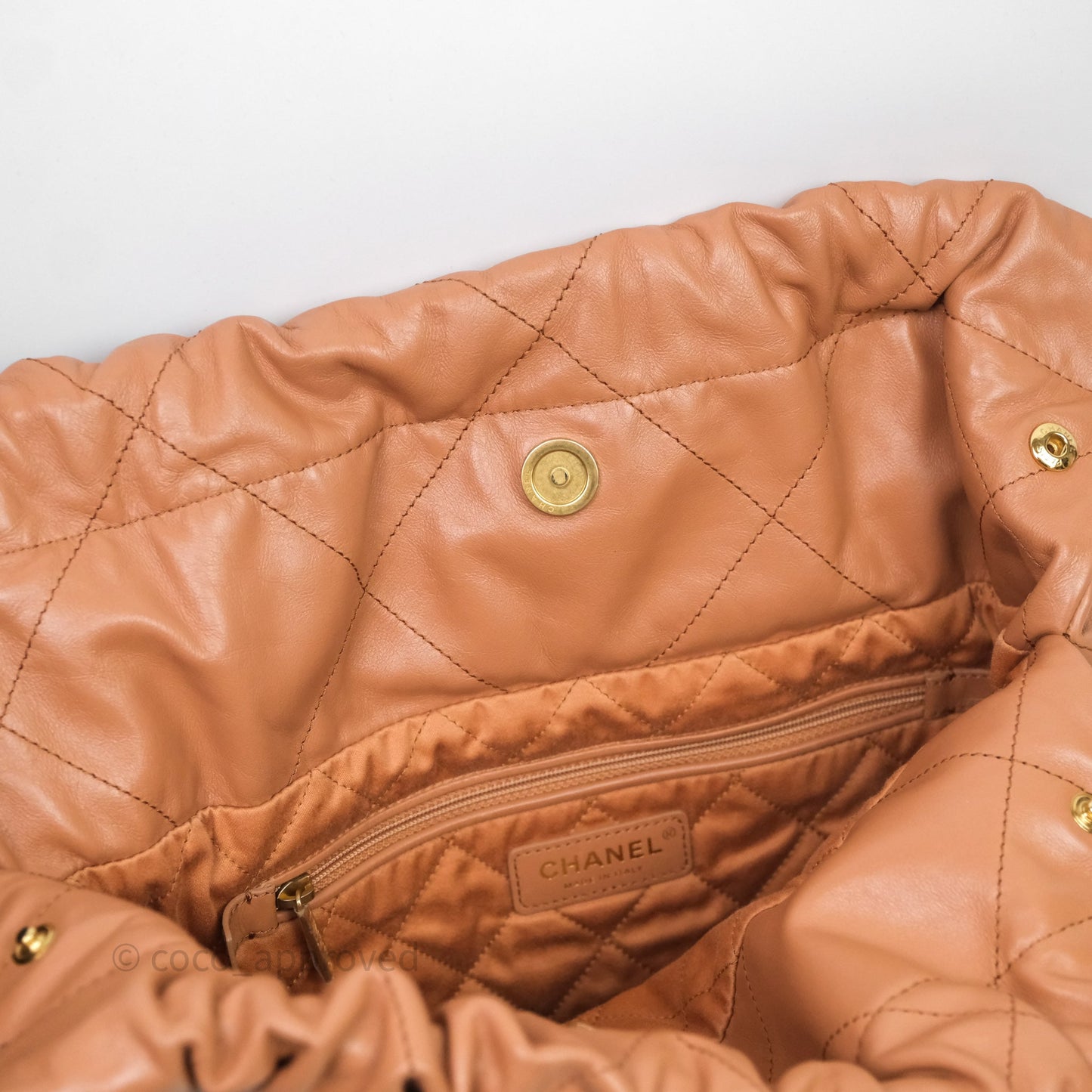 Chanel 22 Small Caramel Beige Shiny Calfskin Aged Gold Hardware