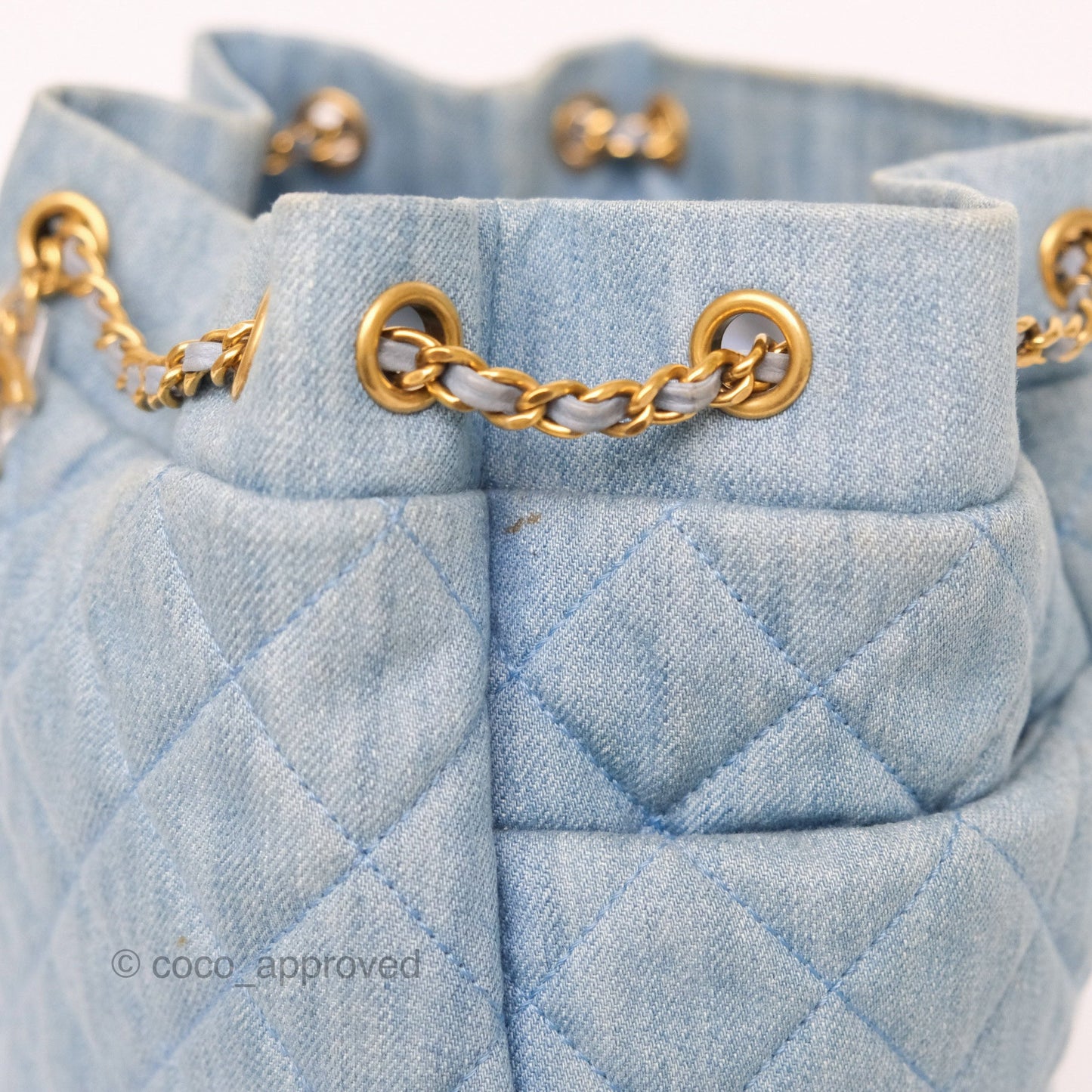 Chanel Drawstring Bucket Bag Denim Blue Aged Gold Hardware