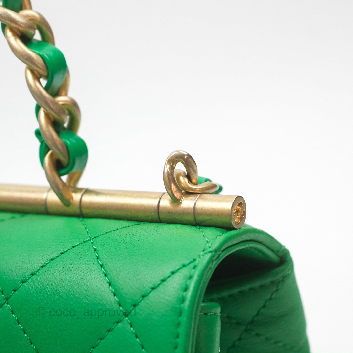 Chanel CC Quilted Flap Bag With Top Handle Green Calfskin Gold Hardware