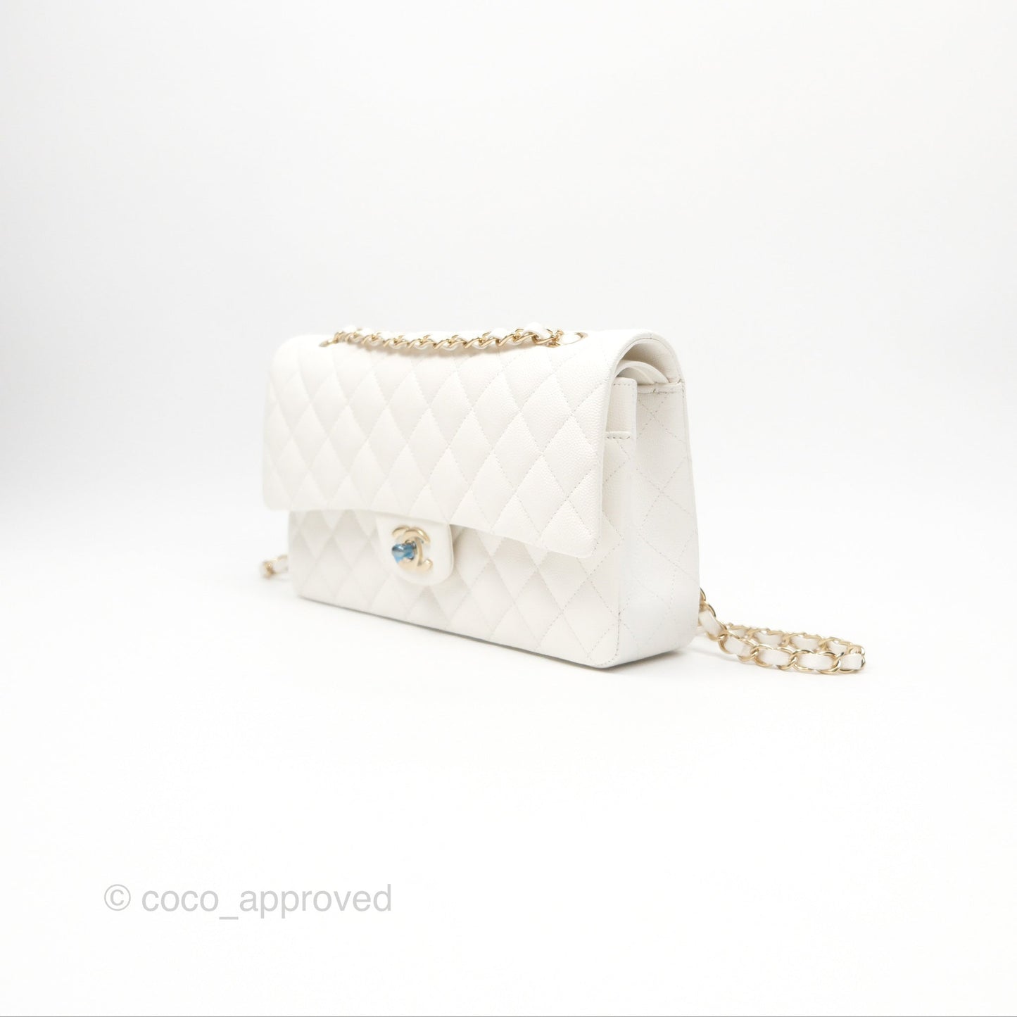 Chanel Classic M/L Medium Flap Quilted White Caviar Gold Hardware