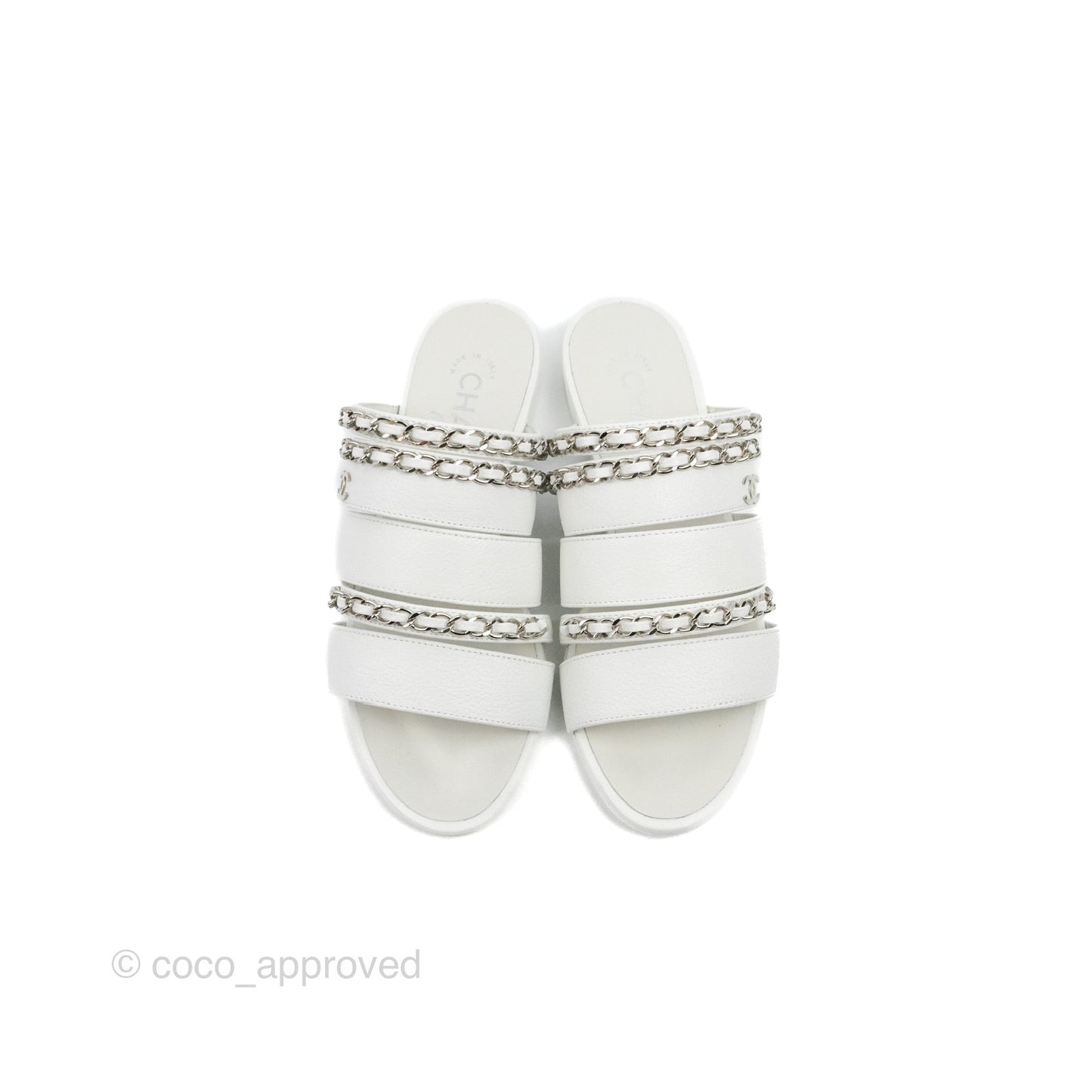Chanel CC Chain Sandals White Silver Hardware Size 34.5