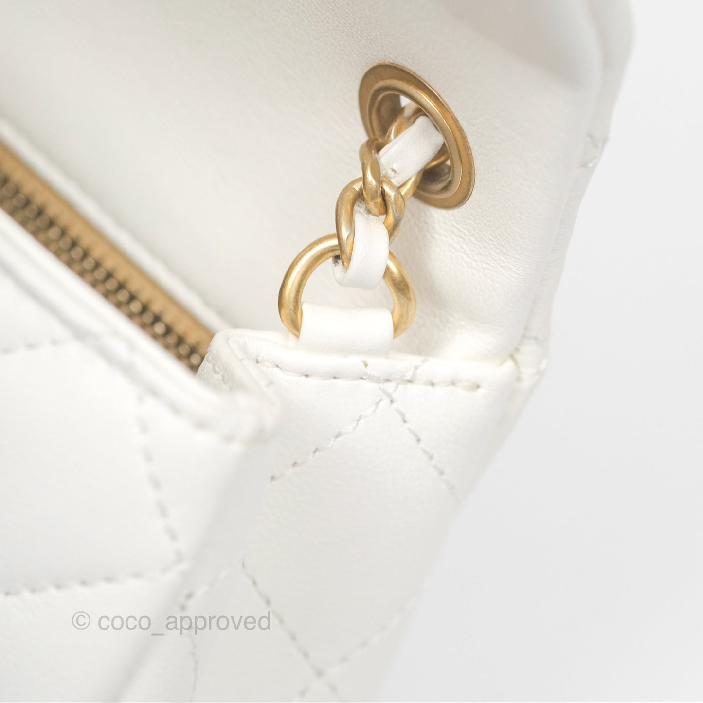 Chanel Mini Rectangular Pearl Crush Quilted White Lambskin Aged Gold Hardware