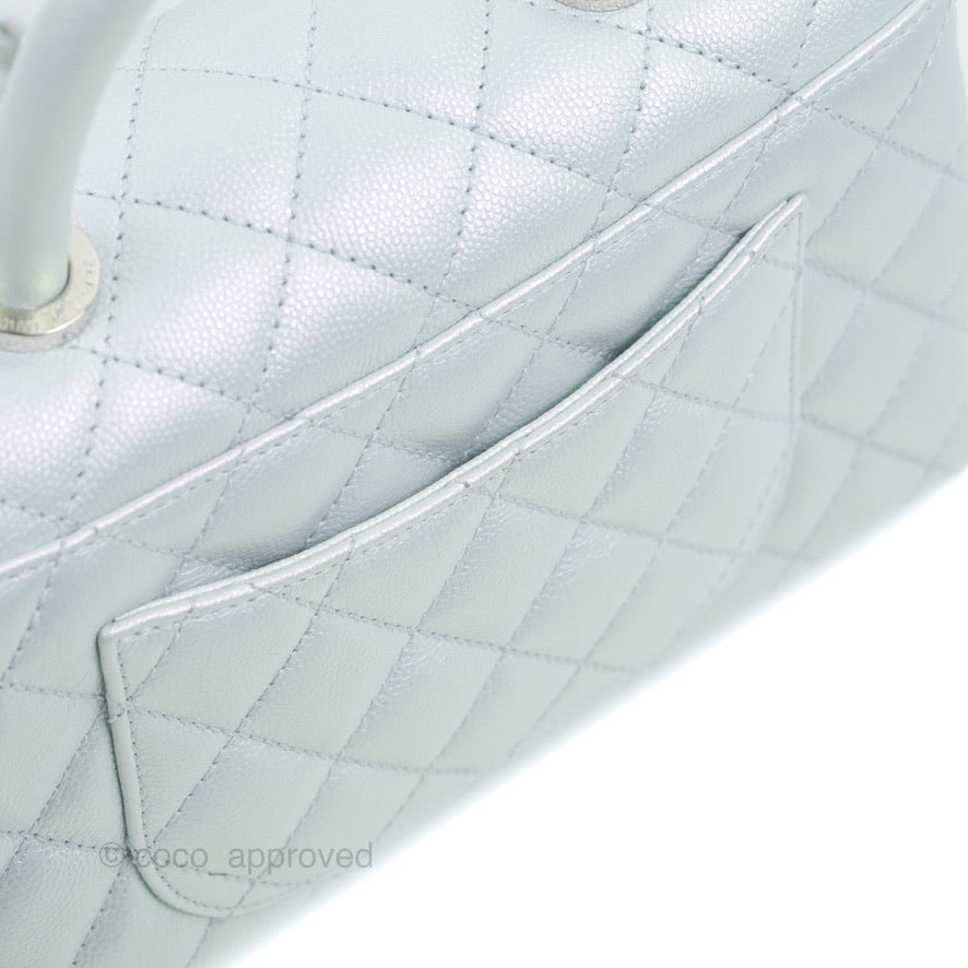 Chanel Small Coco Handle Quilted Iridescent Light Blue Caviar Rainbow Hardware