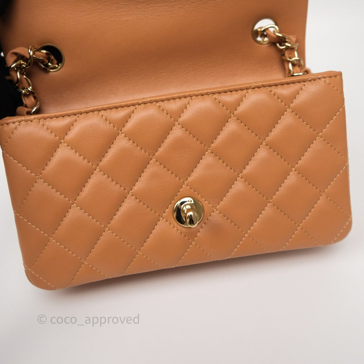 Chanel Mini Rectangular Flap Quilted Caramel Beige Lambskin Gold Hardware