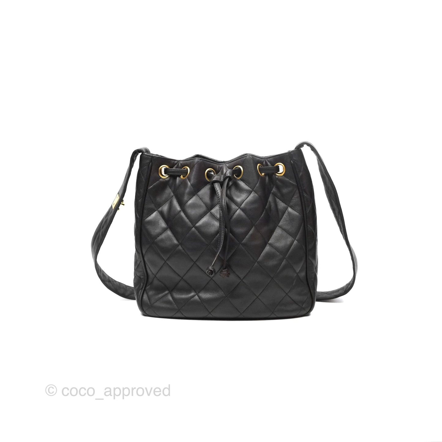 Chanel Vintage Drawstring Bucket Bag Black Lambskin Gold Hardware