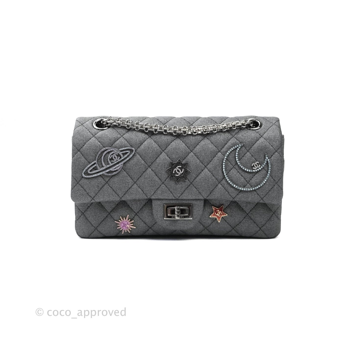 Chanel 2.55 Reissue Lucky Charms 225 Flap Iridescent Metallic Grey Canvas Gun Metal