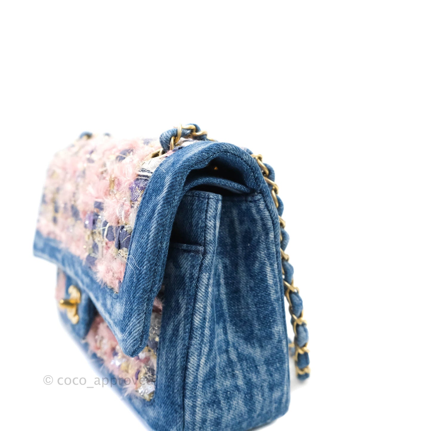Chanel Quilted M/L Medium Double Flap Tweed Washed Denim Aged Gold Hardware