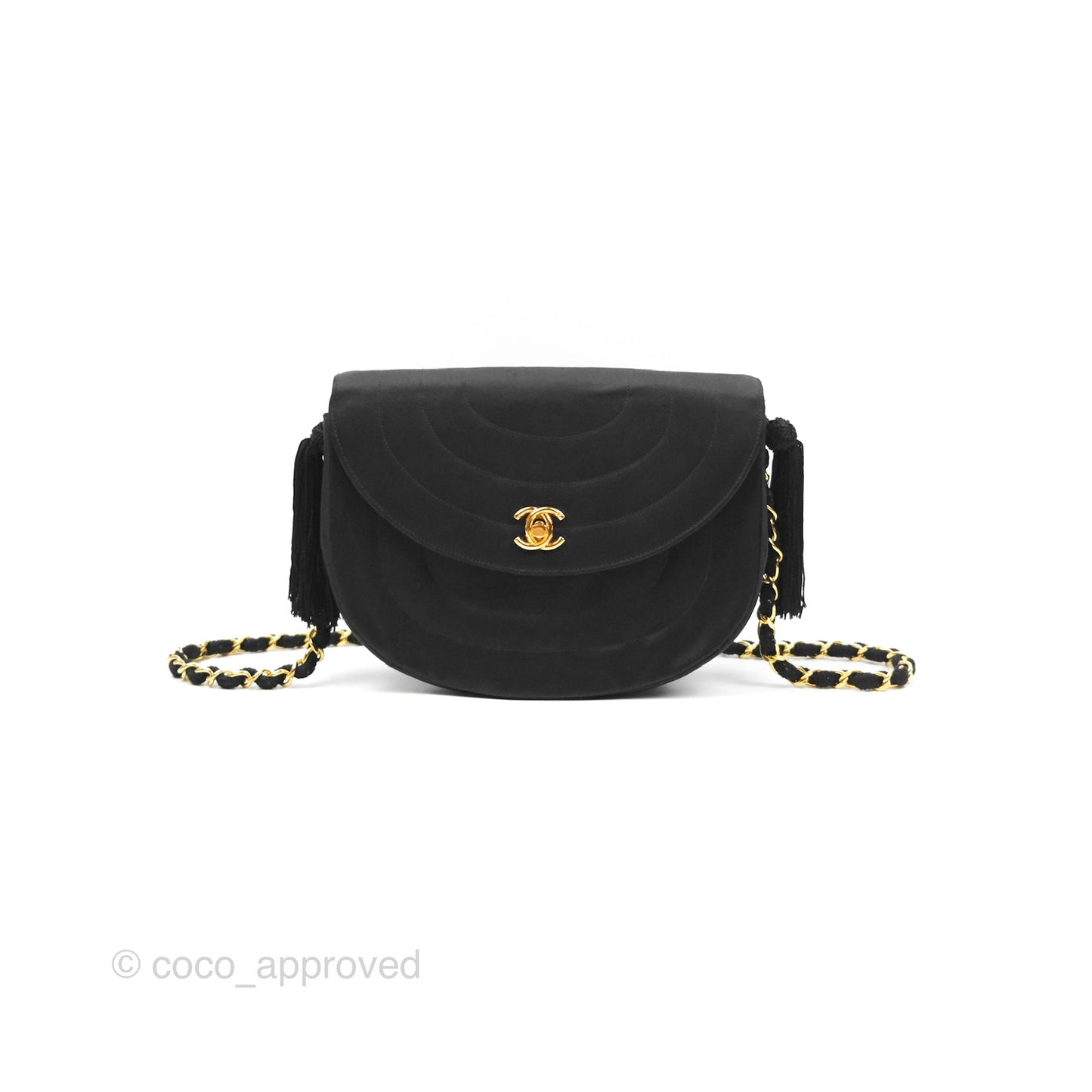 Chanel Vintage Half Moon Tassel Flap Black Satin 24K Gold Hardware
