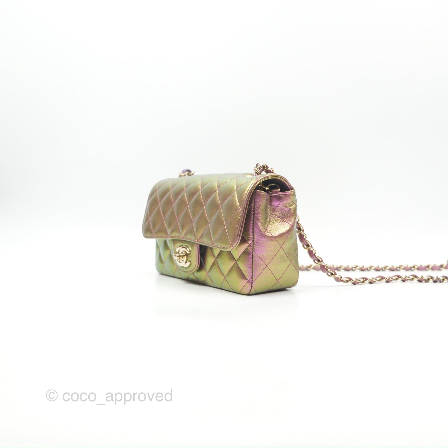 Chanel Classic Quilted Mini Rectangular Flap Metallic Purple Calfskin Gold Hardware