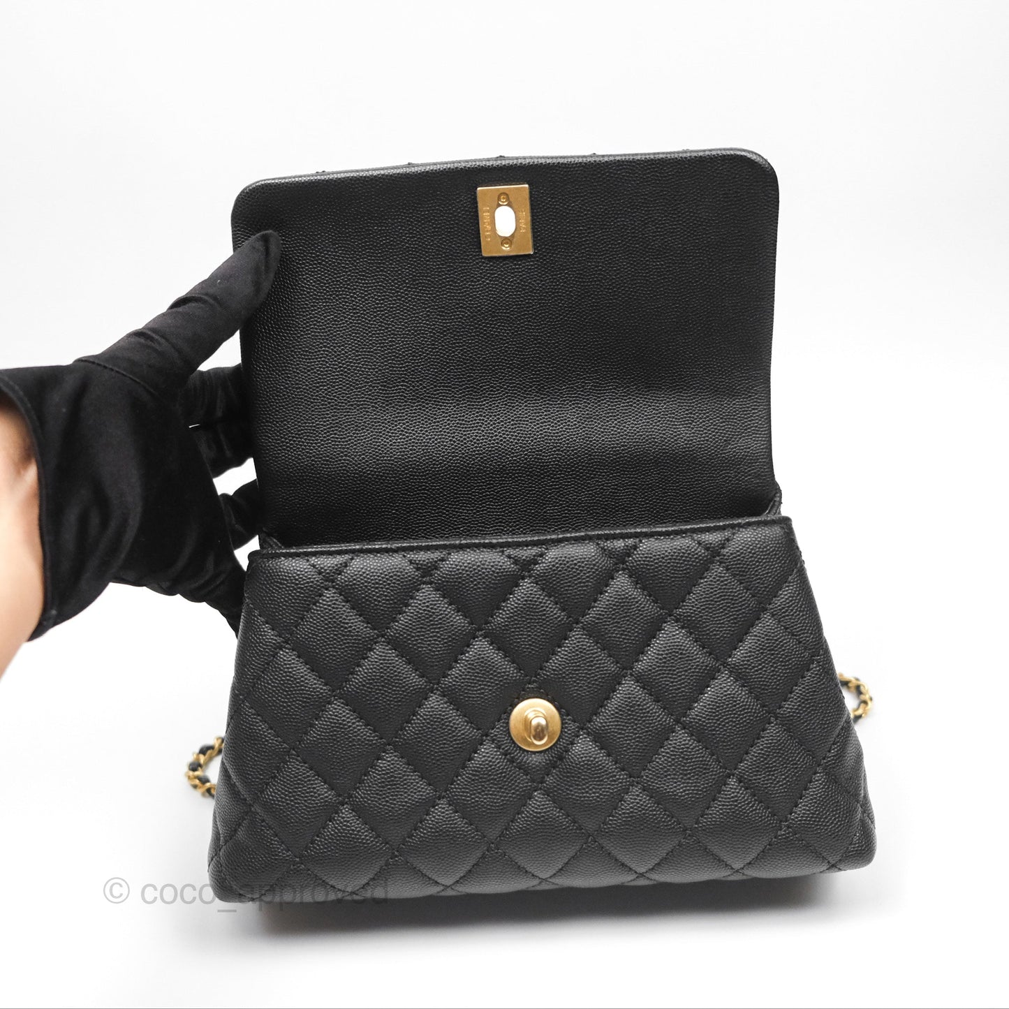 Chanel Small Coco Handle Quilted Black Caviar Aged Gold Hardware Lizard Handle
