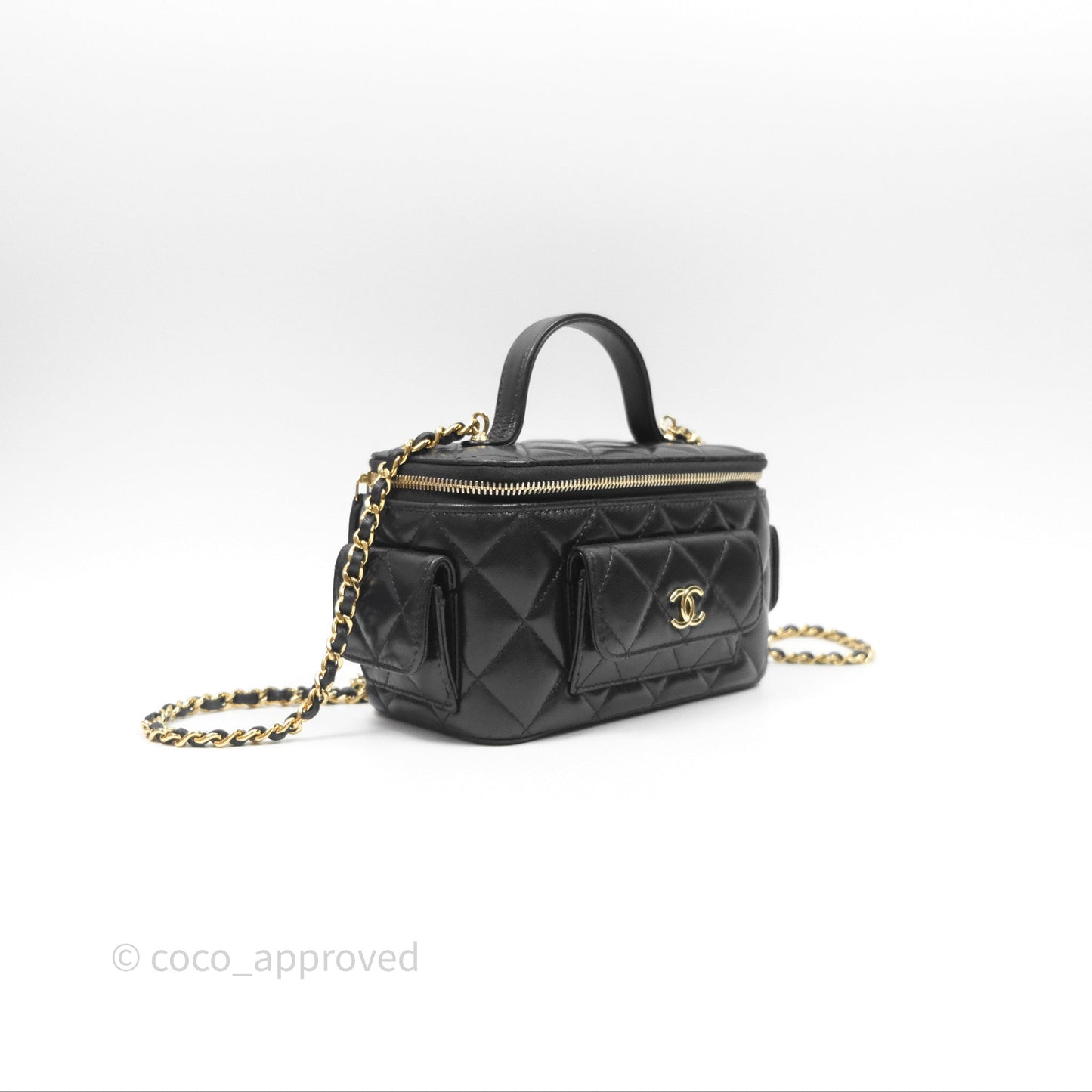 Chanel Cargo Pocket Top Handle Vanity with Chain Black Shiny Lambskin Gold Hardware 22K