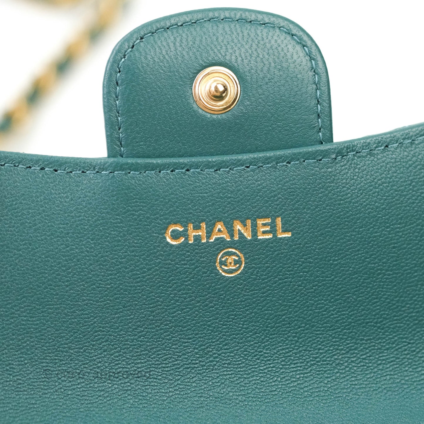 Chanel Flap Coin Purse With Chain Green Lambskin Aged Gold Hardware