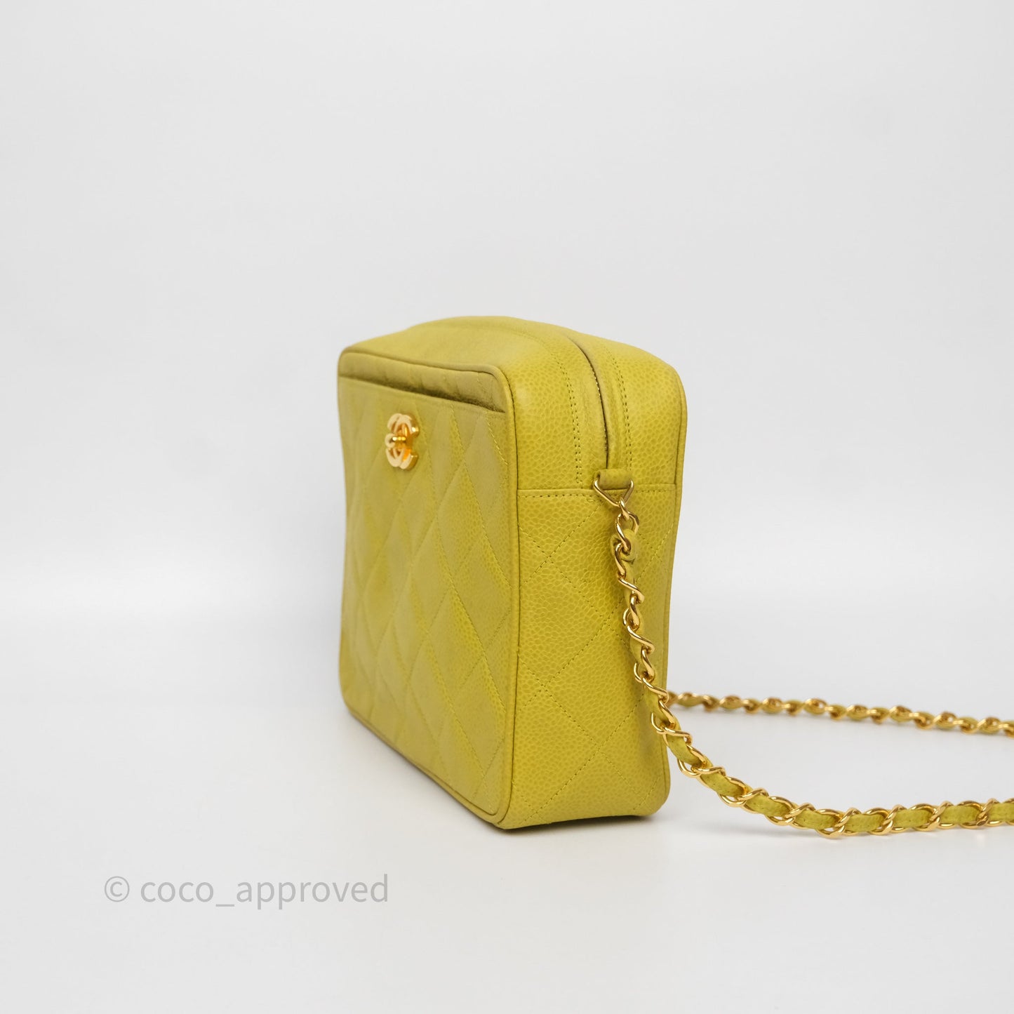 Chanel Vintage Quilted Camera Bag Green Yellow Caviar Gold Hardware