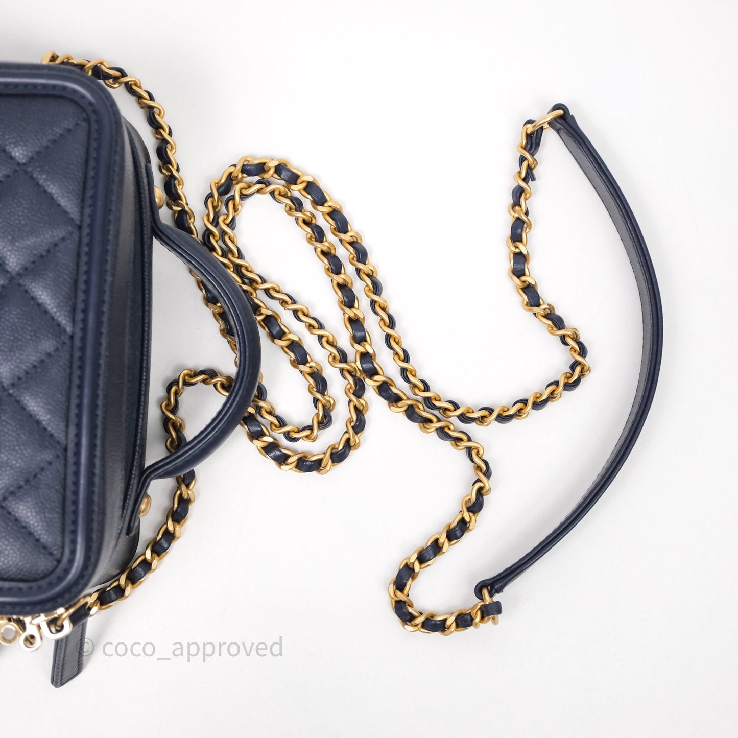Chanel Quilted Small CC Filigree Vanity Case Navy Caviar Gold Hardware