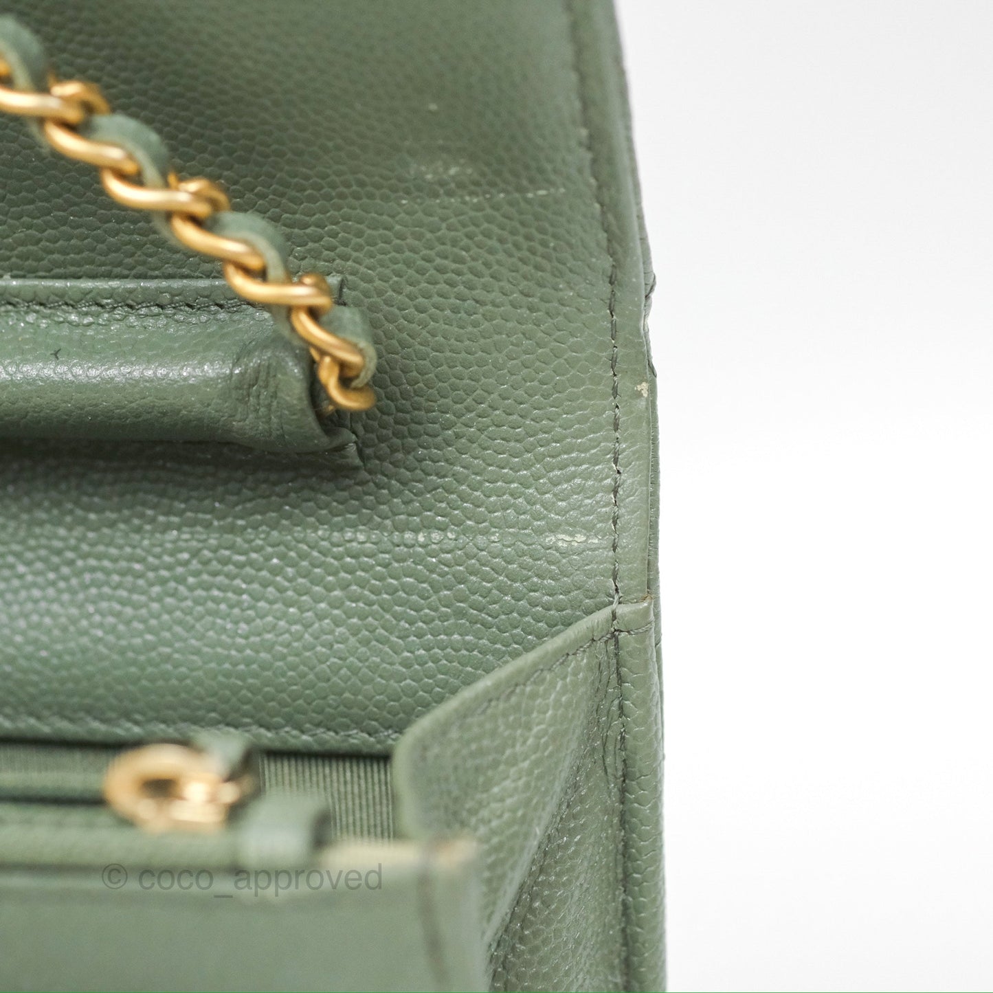 Chanel Classic Quilted Wallet On Chain WOC Glitter Dark Tiffany Green Caviar Aged Gold Hardware