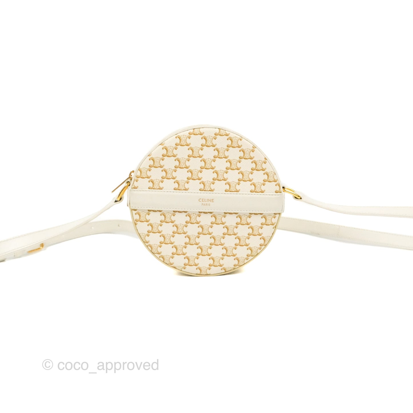 Celine Round Purse on Strap Triomphe Canvas White Calfskin