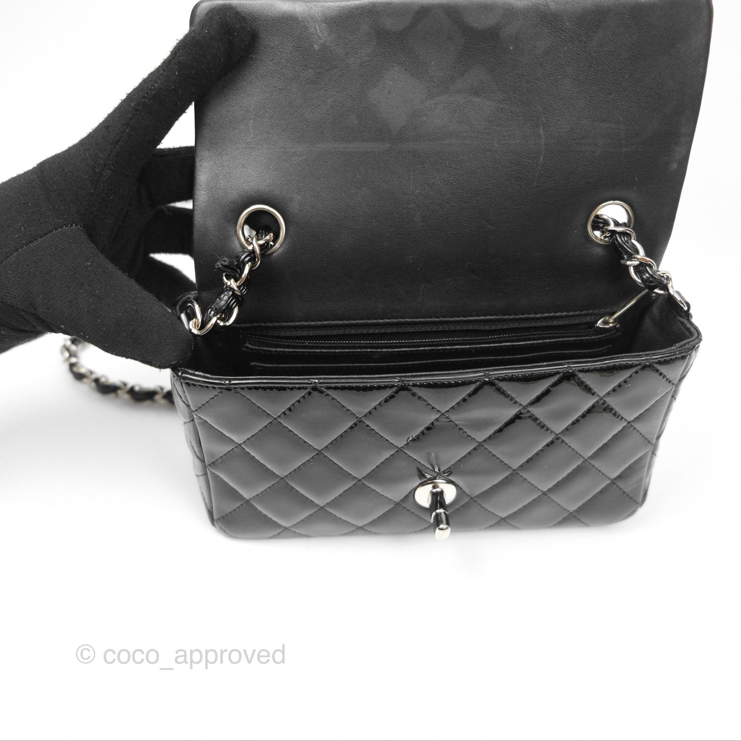 Chanel Quilted Mini Rectangular Flap Black Patent Silver Hardware
