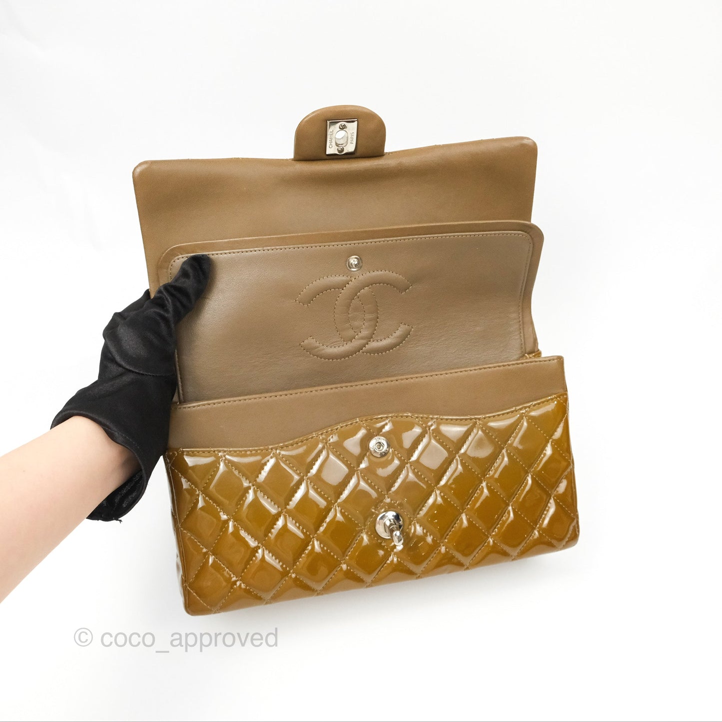 Chanel Classic M/L Medium Flap Quilted Brown Patent Silver Hardware