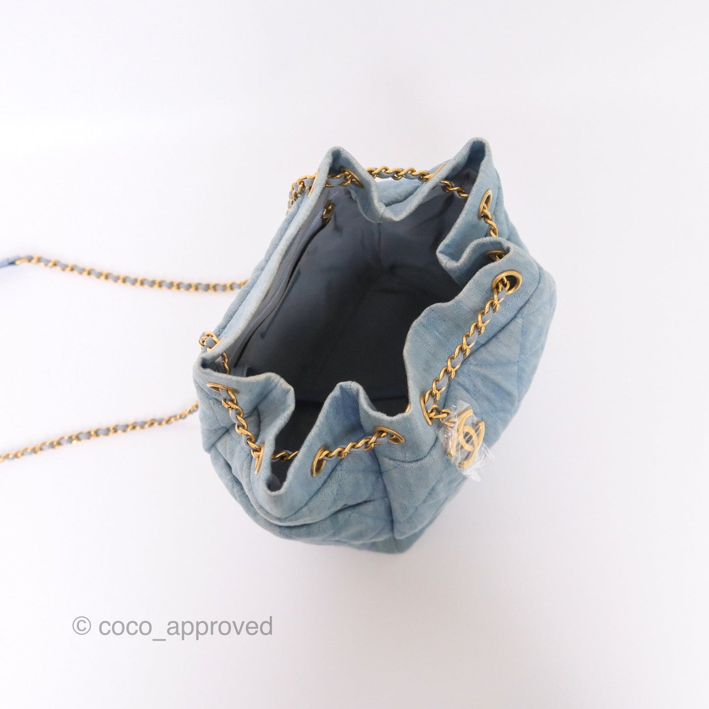 Chanel Drawstring Bucket Bag Denim Blue Aged Gold Hardware