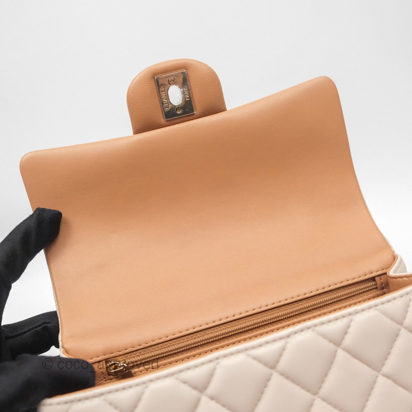 Chanel Top Handle Mini Rectangular Flap Bag Ecru/Beige Lambskin Gold Hardware 23P