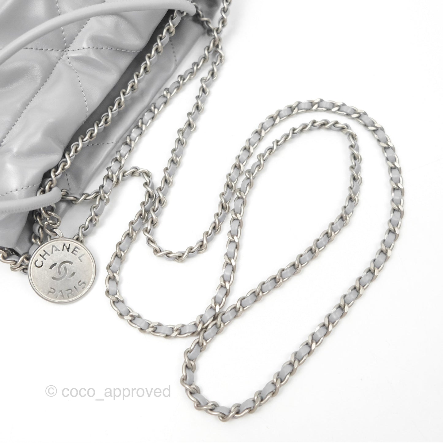 Chanel 22 Mini Bag Light Grey Shiny Crumpled Calfskin Matte Silver Hardware