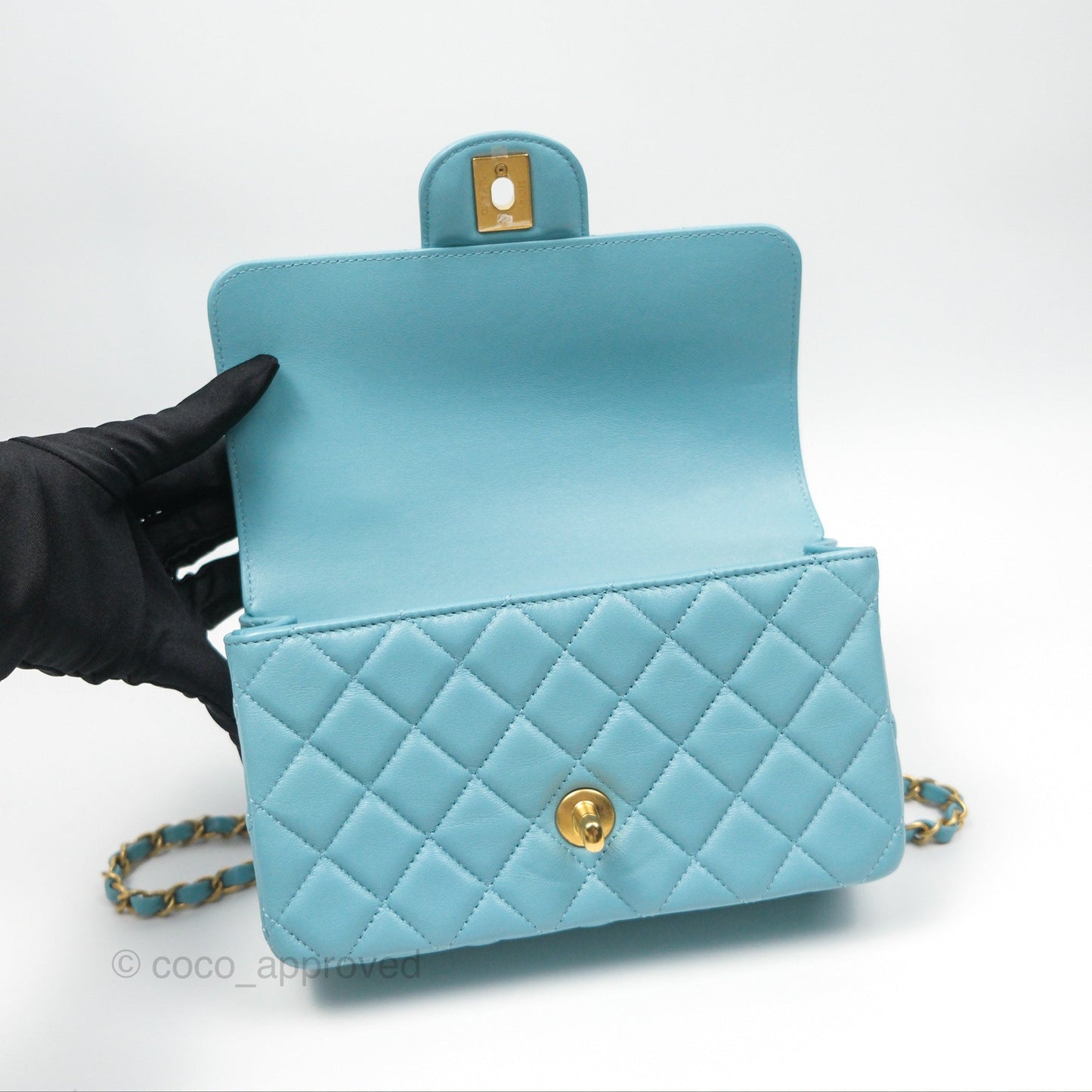 Chanel Flap Bag with Crystal Logo Top Handle Tiffany Blue Lambskin Aged Gold Hardware