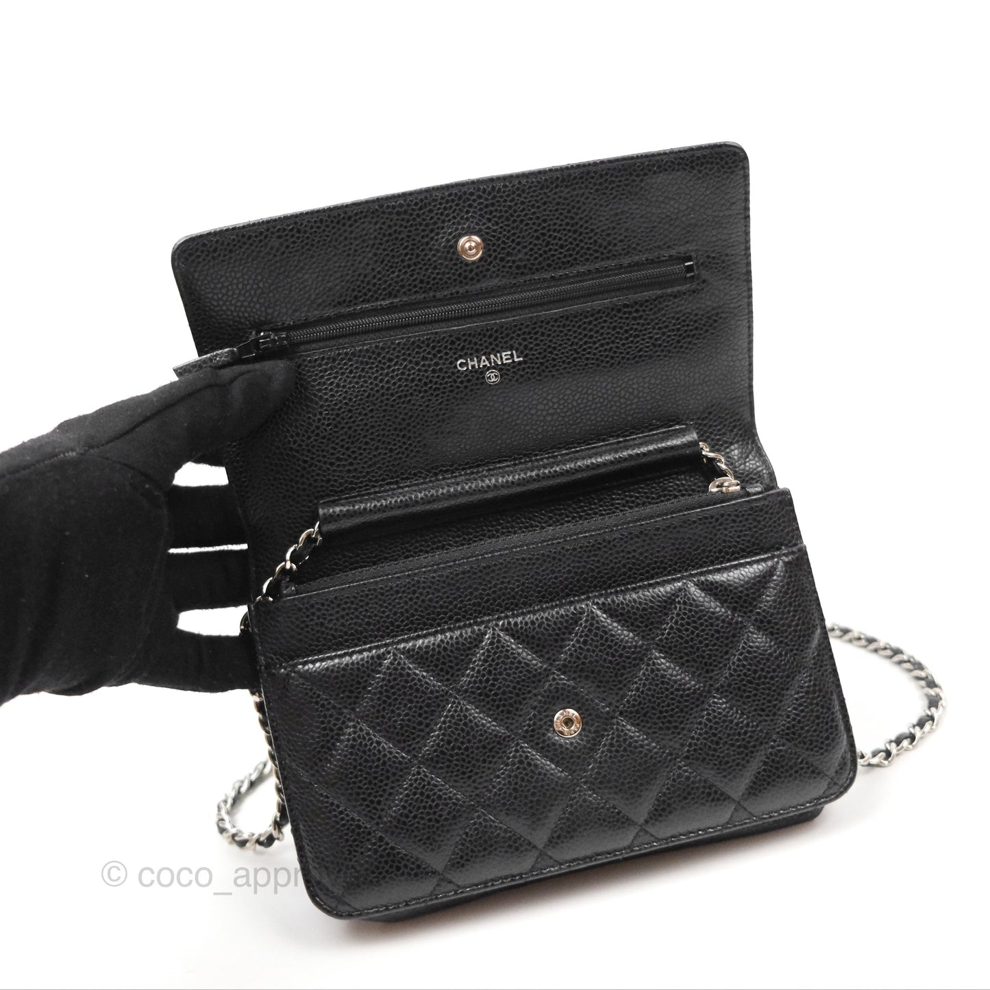 Chanel Quilted Classic Wallet On Chain WOC Black Caviar Silver Hardware
