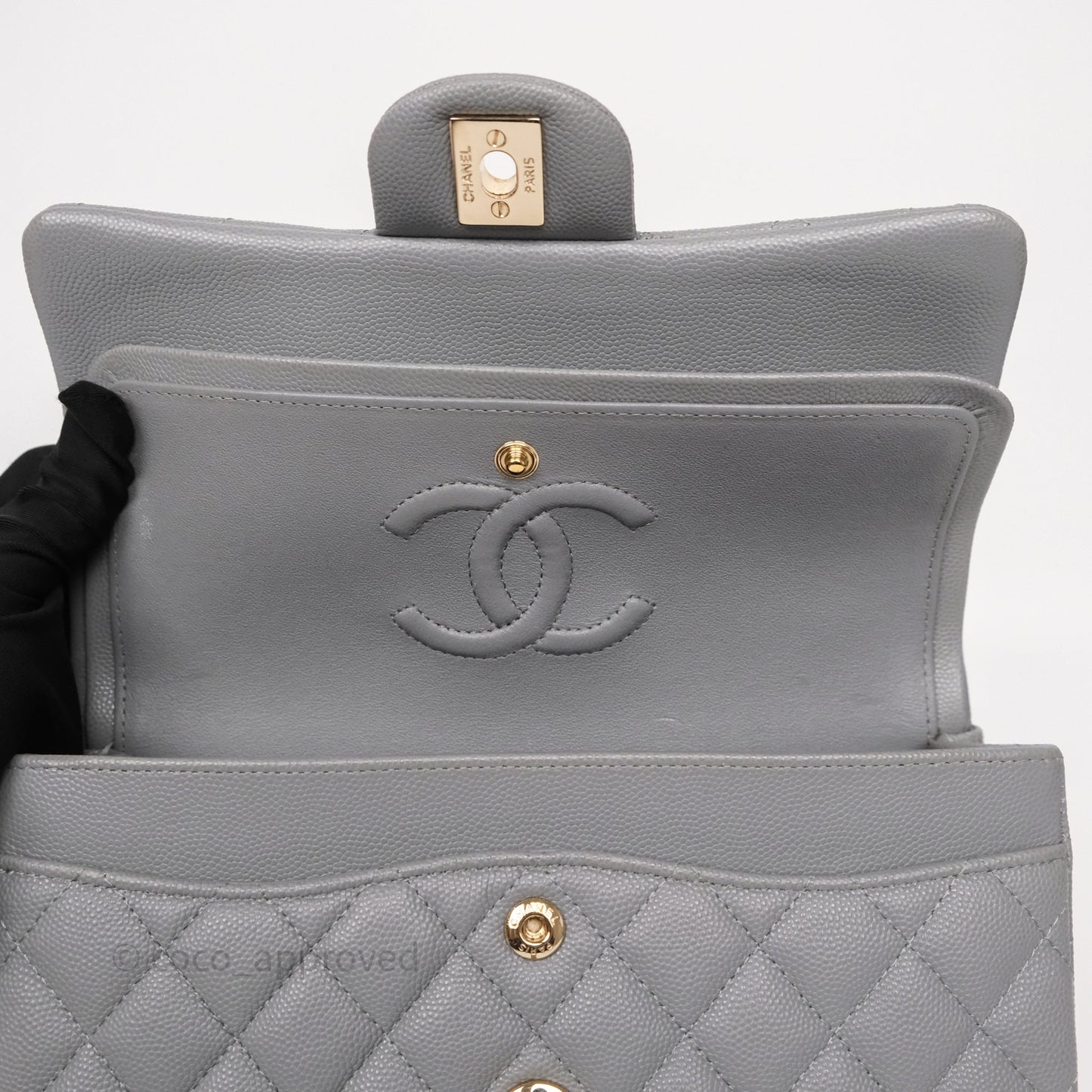 Chanel Small Classic Flap Quilted Grey Caviar Gold Hardware