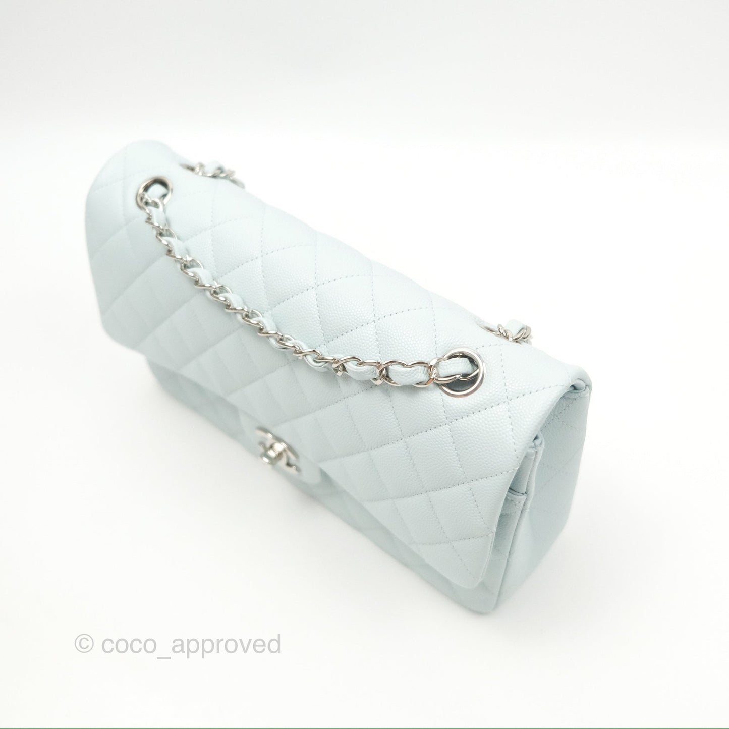 Chanel Medium Classic Flap Quilted Pale Blue Caviar Silver Hardware